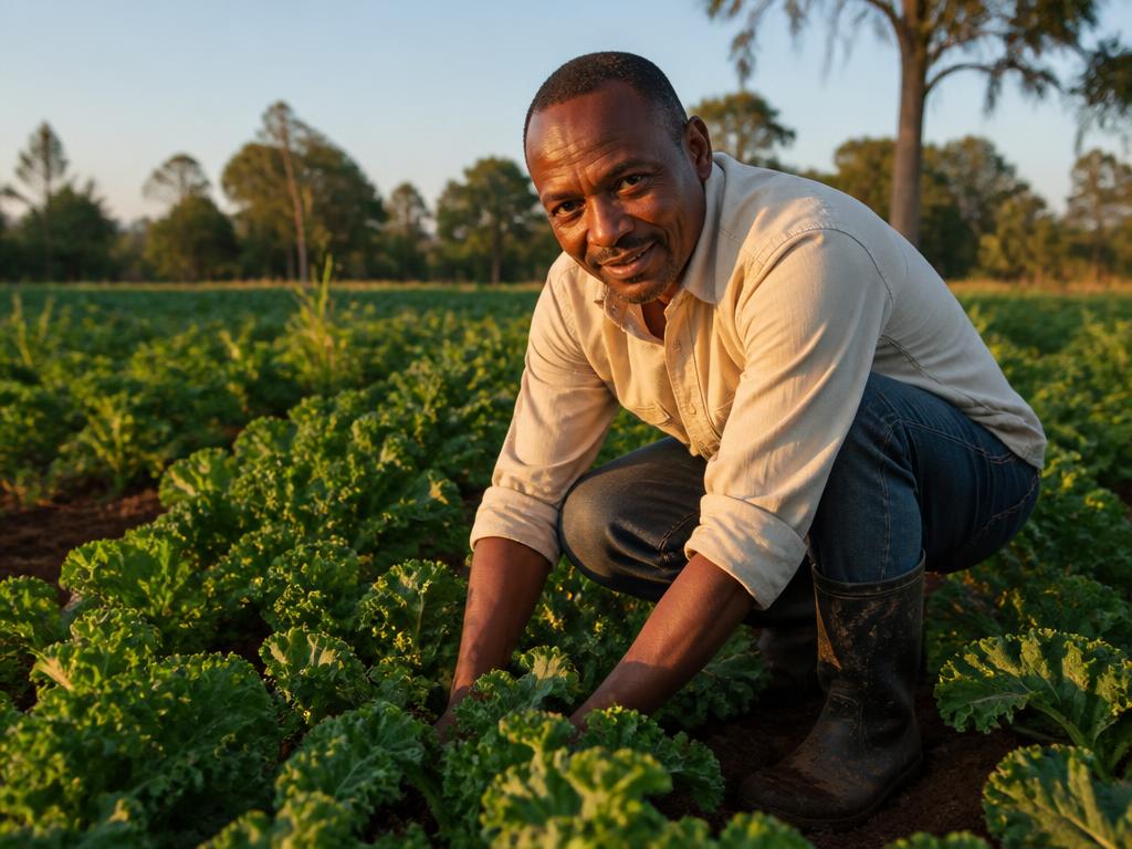 A farm assistant tending kale rows at sunrise